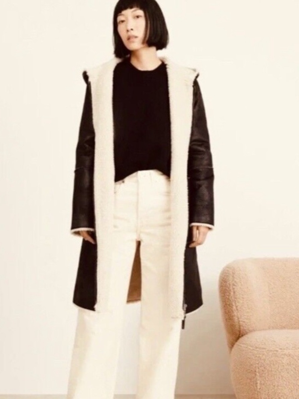 Dkny Black Trench Coat with Cream Shearling Trim
